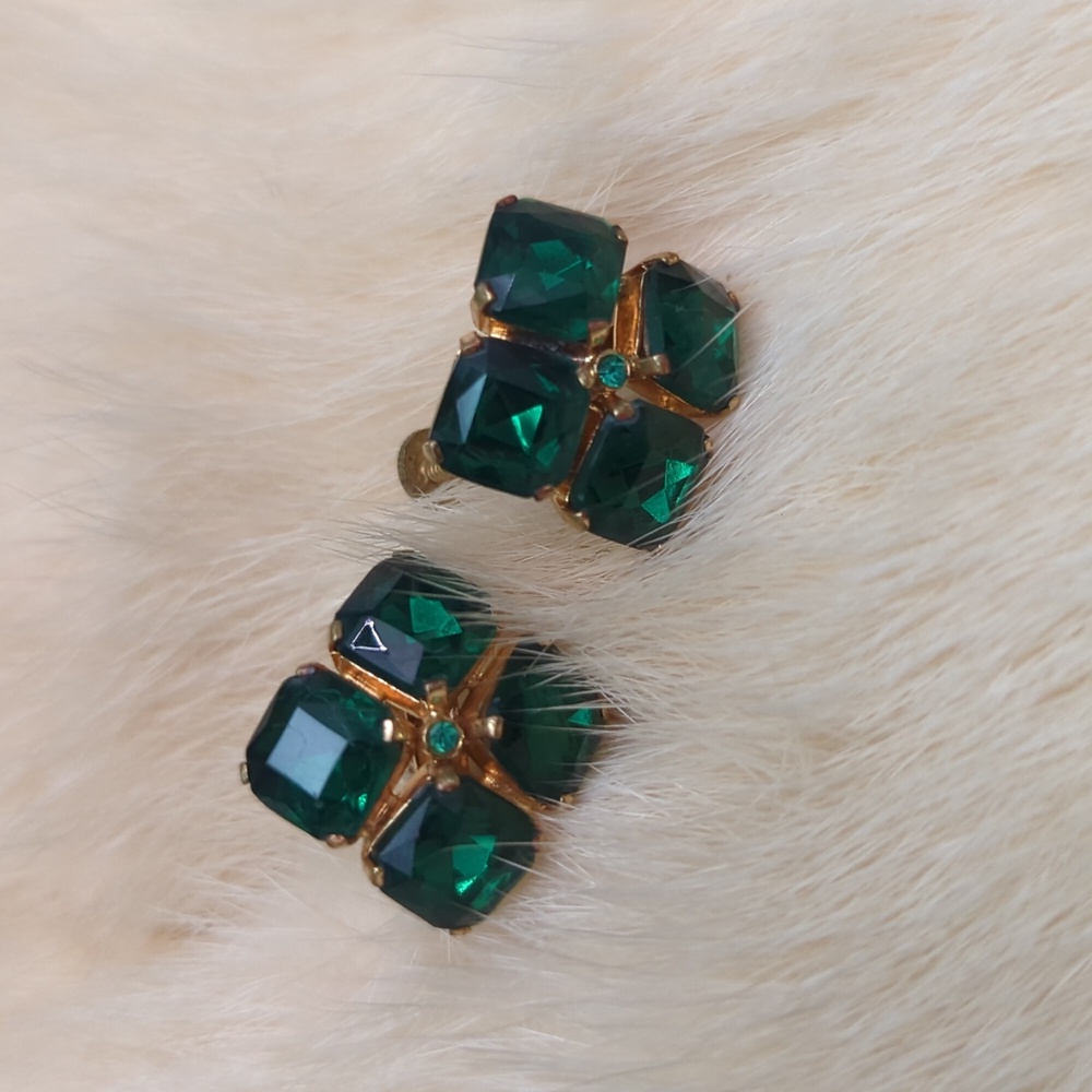 Emerald Earrings Rhinestone Screwback Vintage Czecoslav signed Square Rhinestone